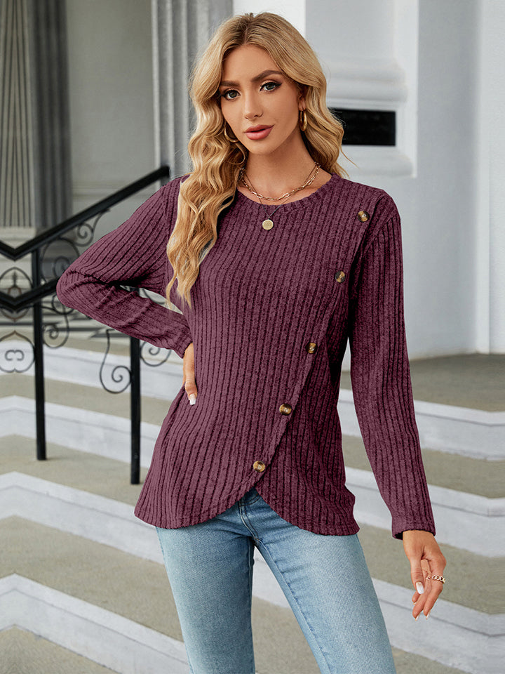 Round Neck Ribbed Button Detail Blouse 