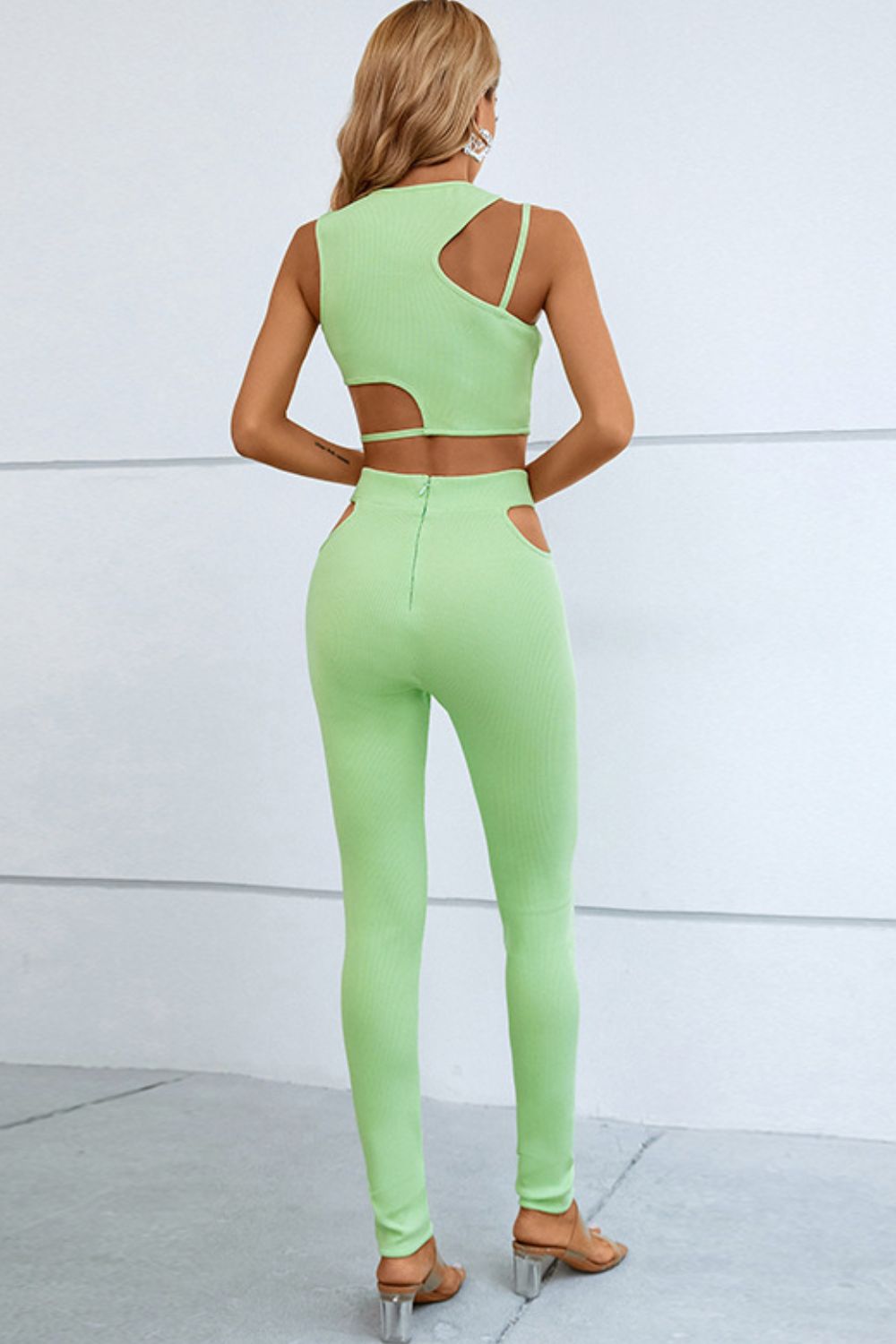 Asymmetrical Ribbed Cutout Tank and Pants Set 