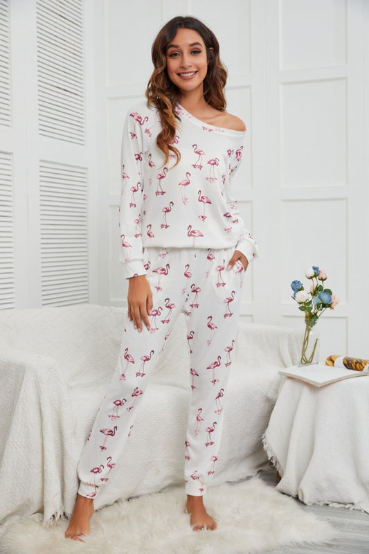 Flamingo Long Sleeve Top and Pants Lounge Set 