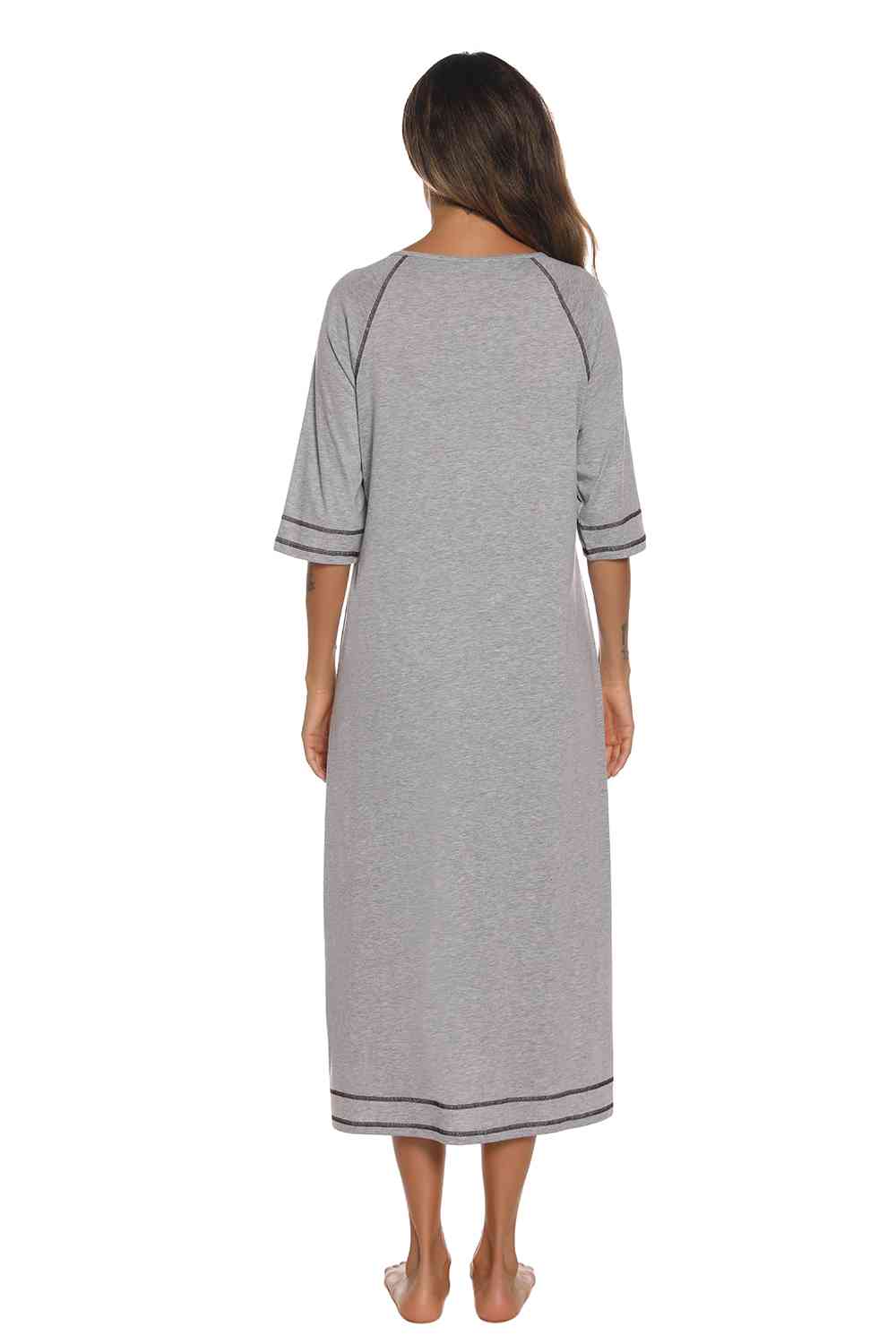 Zip Up Slit Round Neck Night Dress with Pockets 