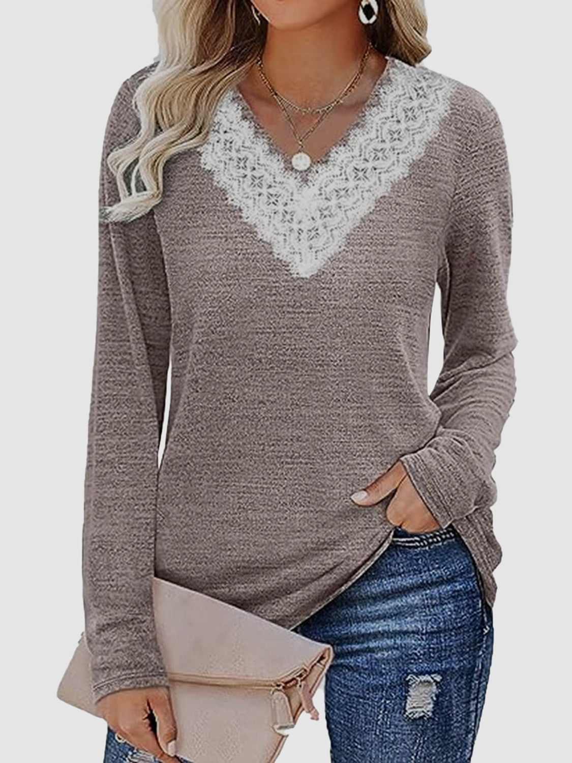 Lace Detail V-Neck Long Sleeve Top 