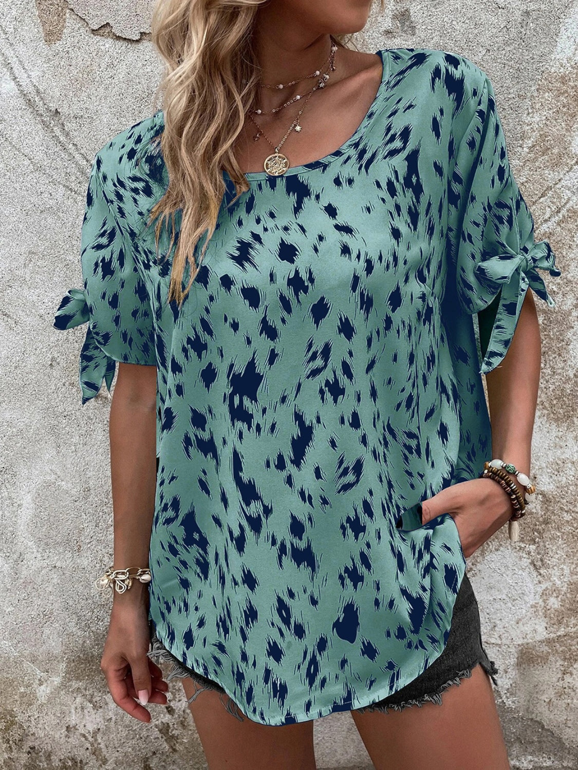 Tied Printed Boat Neck Blouse 