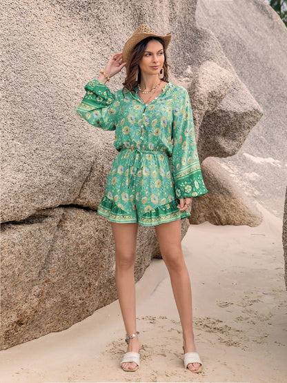 Printed Ruffled Balloon Sleeve Romper 