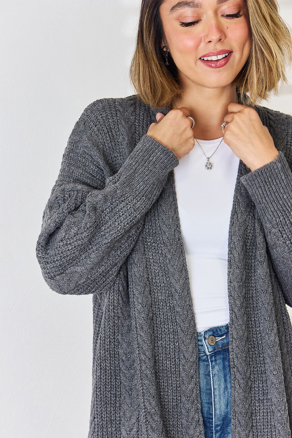 Cable-Knit Open Front Dropped Shoulder Cardigan 