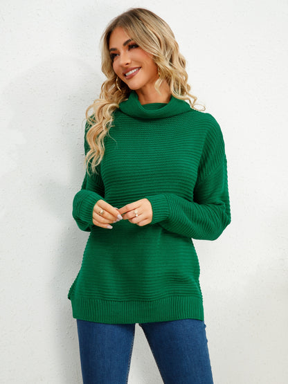 Slit Turtleneck Dropped Shoulder Sweater 