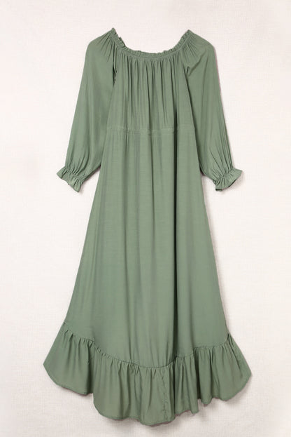 Drawstring Off-Shoulder Flounce Sleeve Dress 