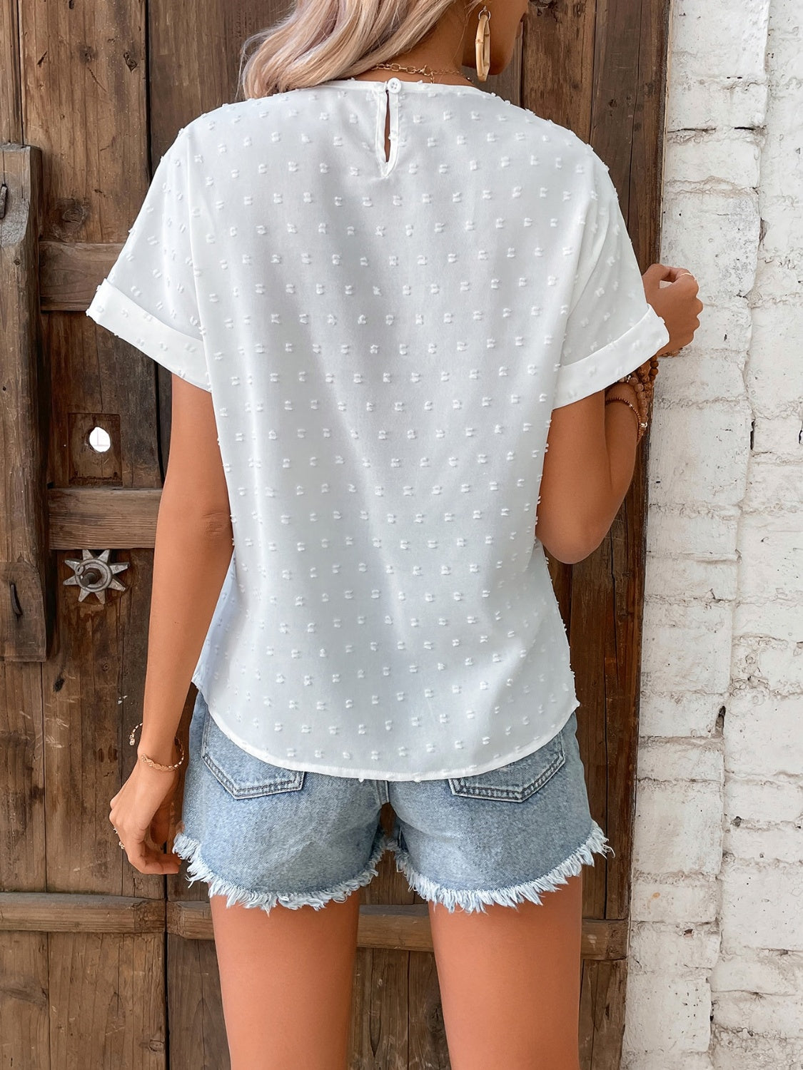 Lace Detail Round Neck Short Sleeve Blouse 