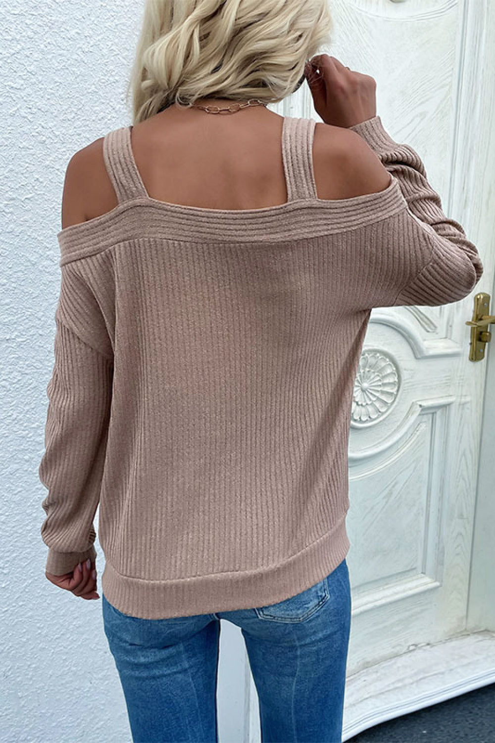 Cold Shoulder Rib-Knit Sweater 