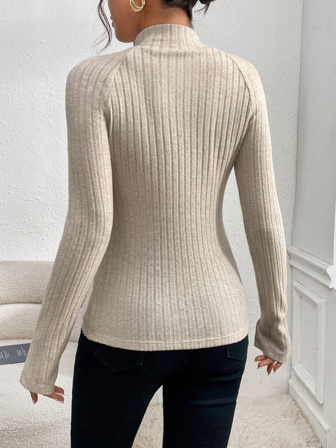 Cutout Mock Neck Long Sleeve Blouses 