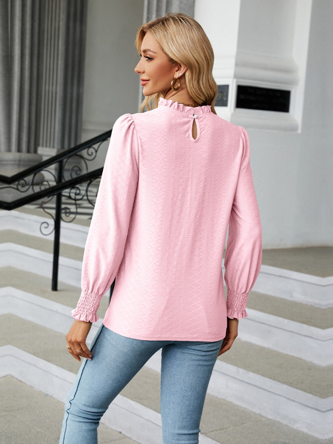 Frill Mock Neck Lantern Sleeve Blouse 