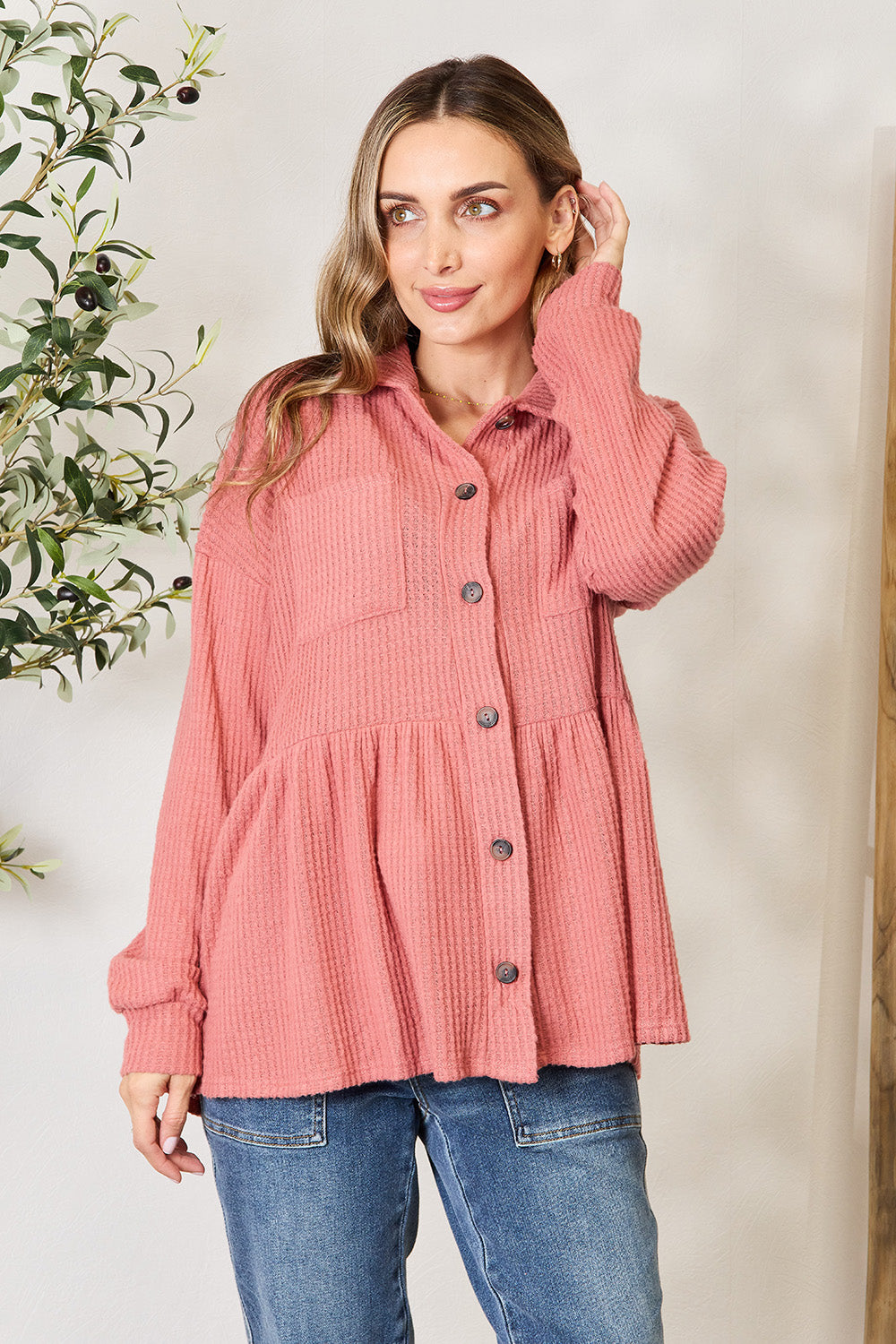 Heimish Full Size Waffle-Knit Button Down Blouse 