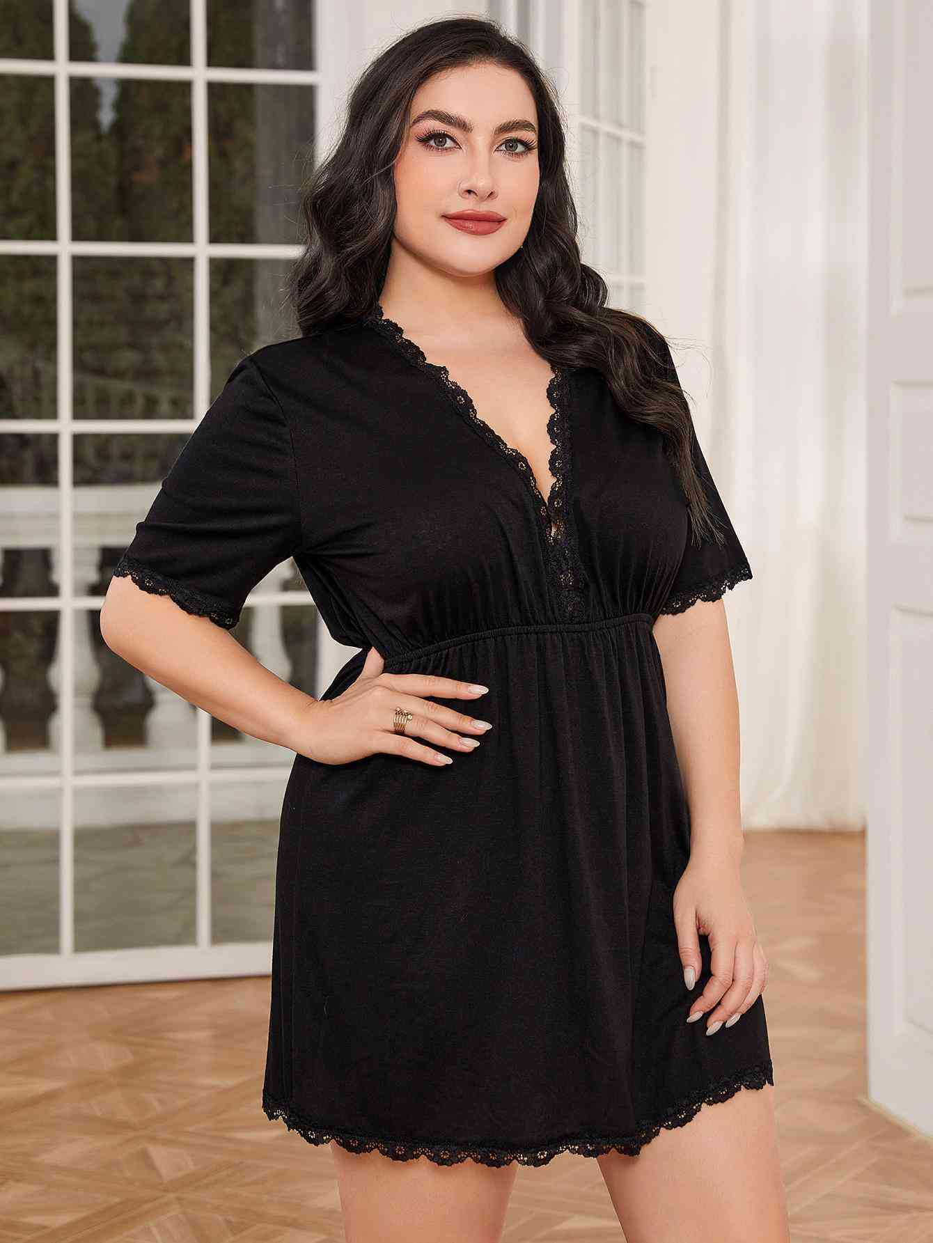 Plus Size Lace Trim Deep V Night Dress - Babbazon loungewear