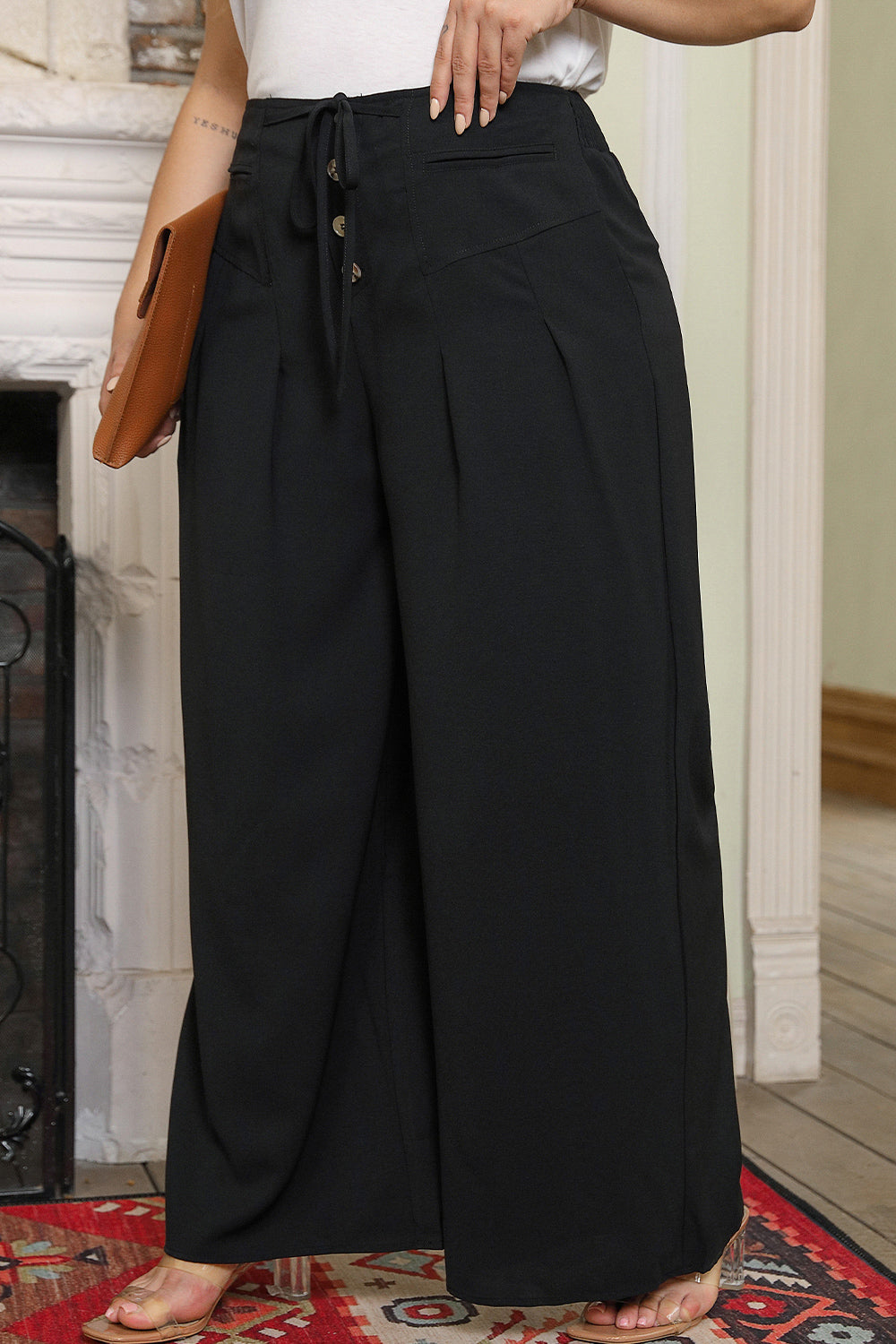 Plus Size Tied Wide Leg Long Pants 