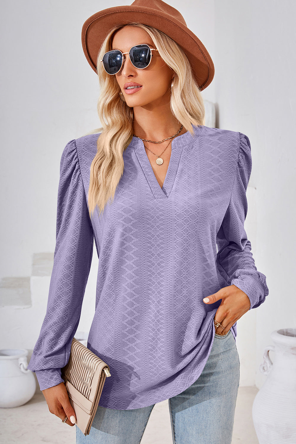 Ruched Notched Long Sleeve T-Shirt