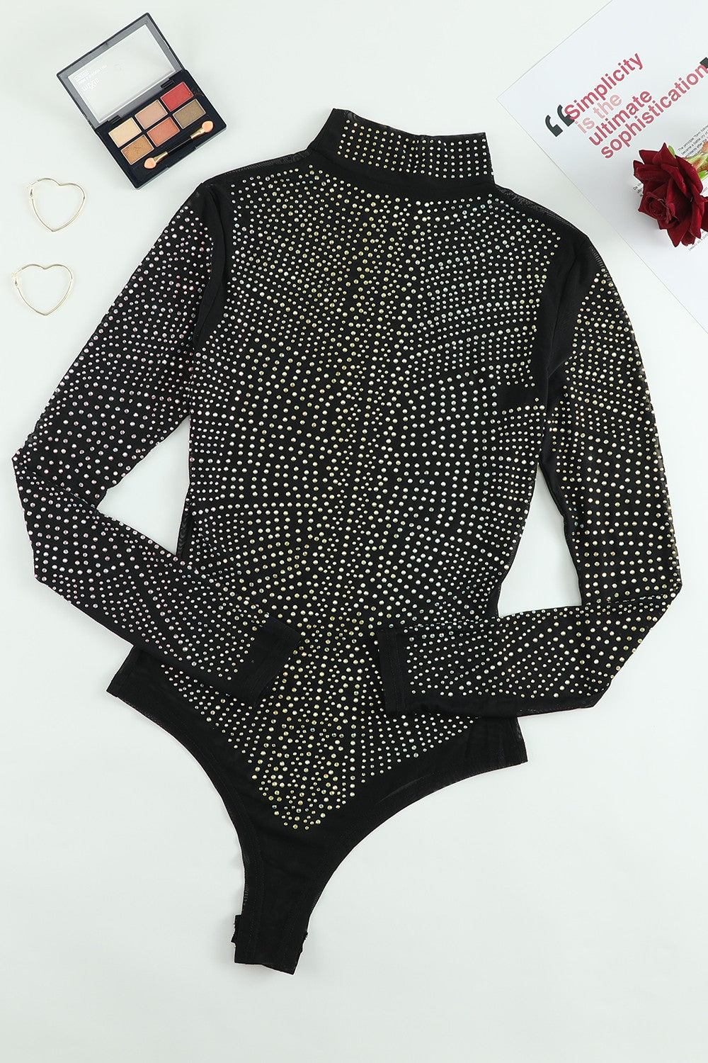 Rhinestone Mock Neck Long Sleeve Bodysuit 