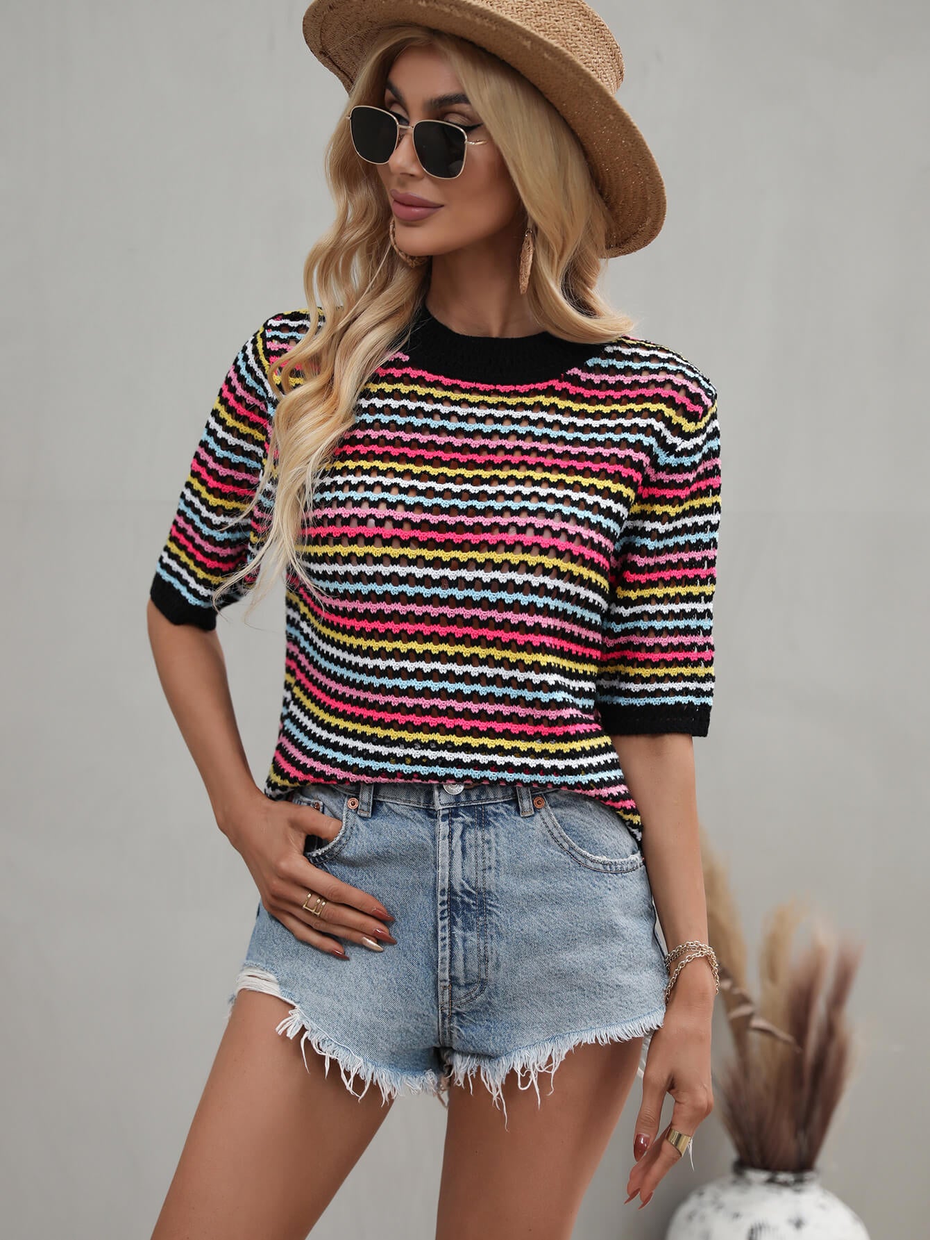 Striped Openwork Half Sleeve Knit Top - Babbazon Tops