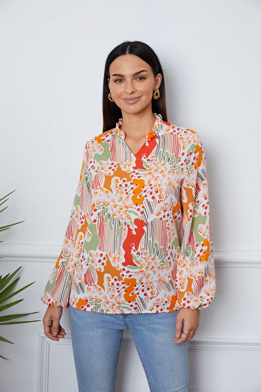 Floral Frill Notched Long Sleeve Blouse 