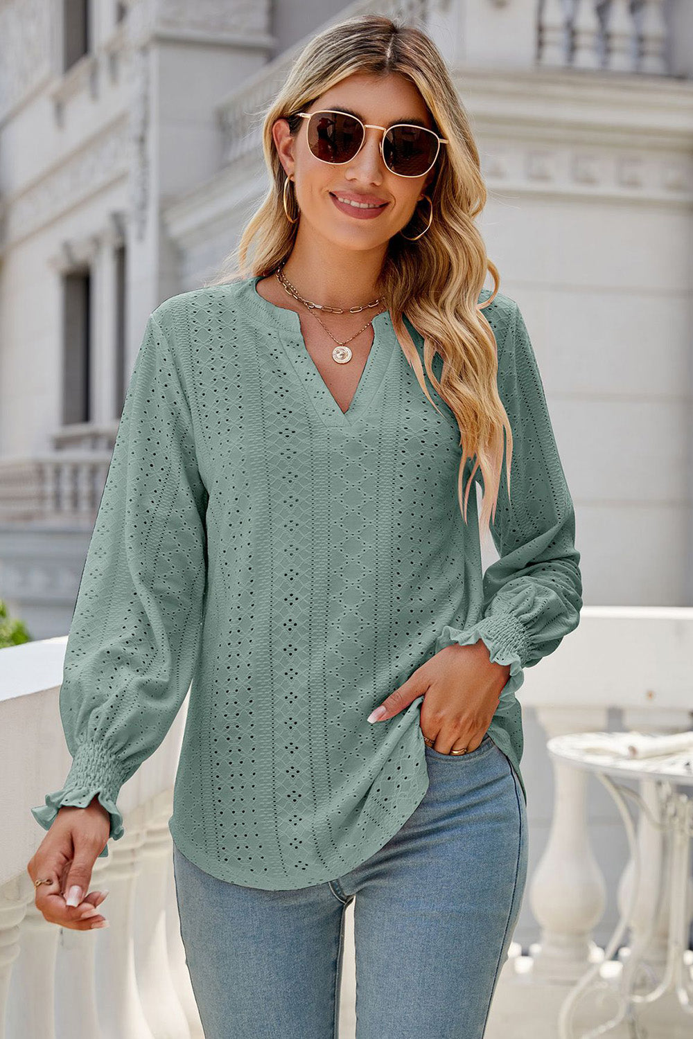 Eyelet Notched Lantern Sleeve T-Shirt 