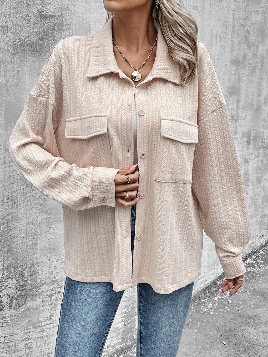 Pocketed Button Up Dropped Shoulder Jacket 