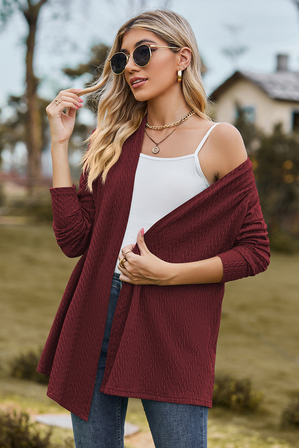 Textured Open Front Long Sleeve Cardigan 