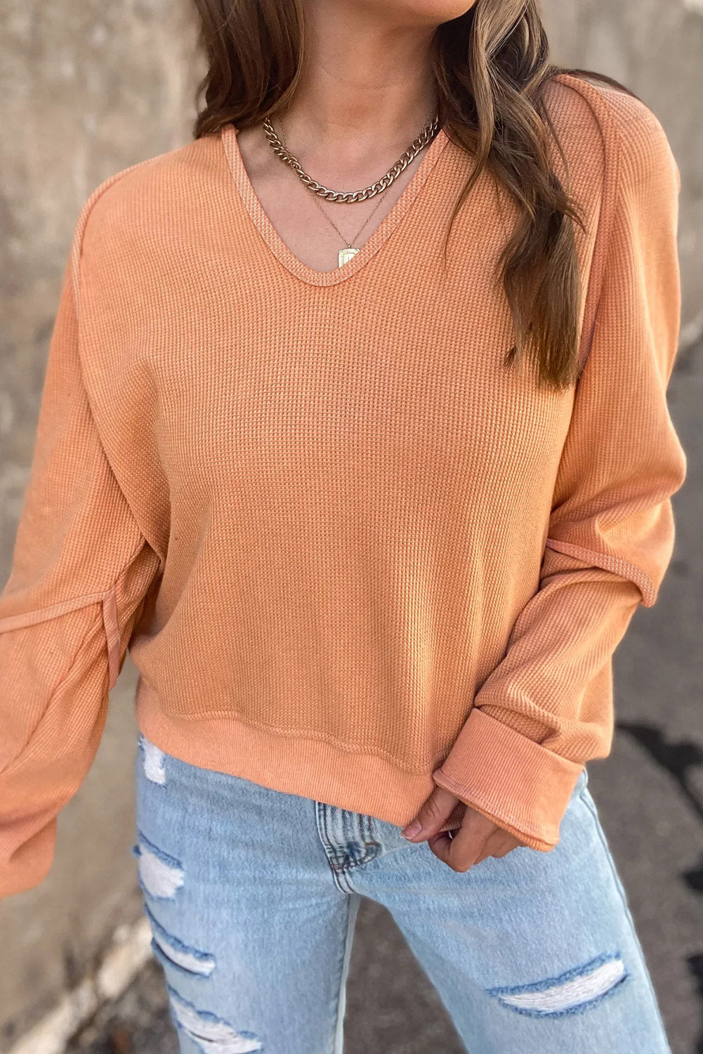 Waffle Knit V-Neck Long Sleeve T-Shirt 