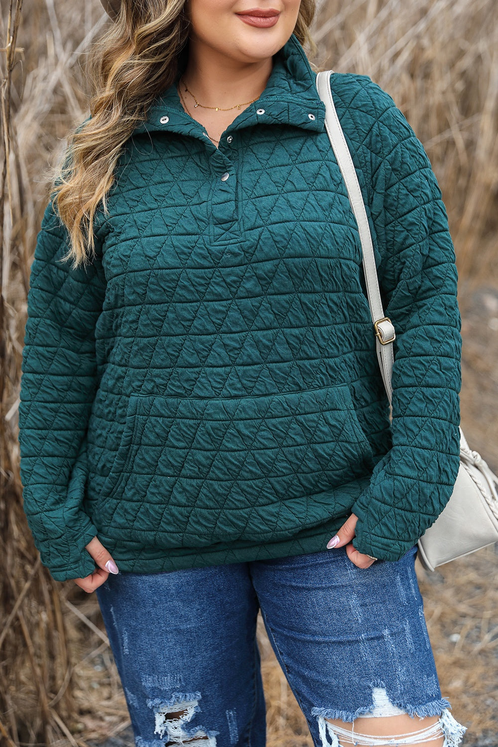 Plus Size Quarter Snap Quilted Sweatshirt - Babbazon sweatshirt