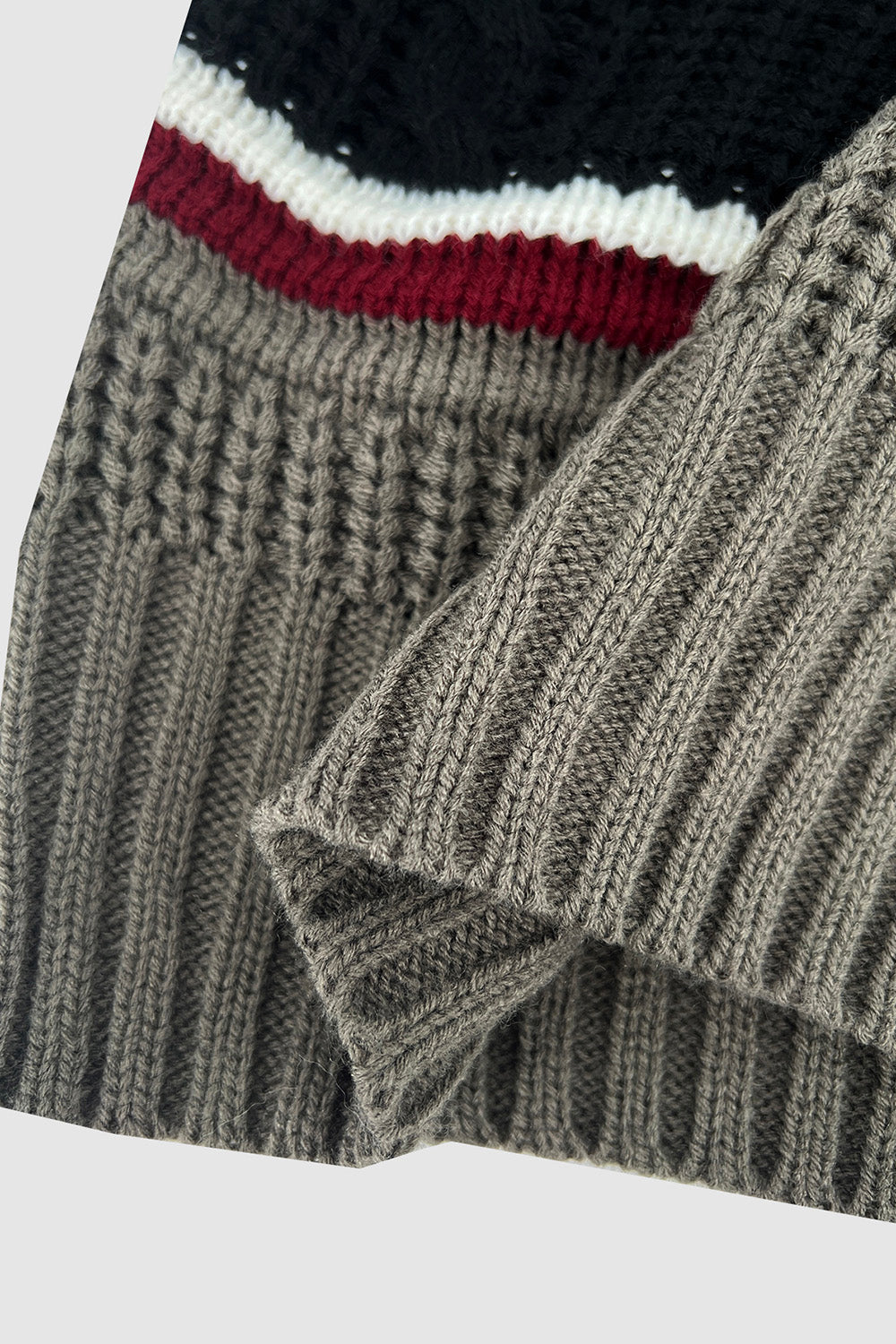 Cable-Knit Striped Quarter Zip Turtleneck Sweater 