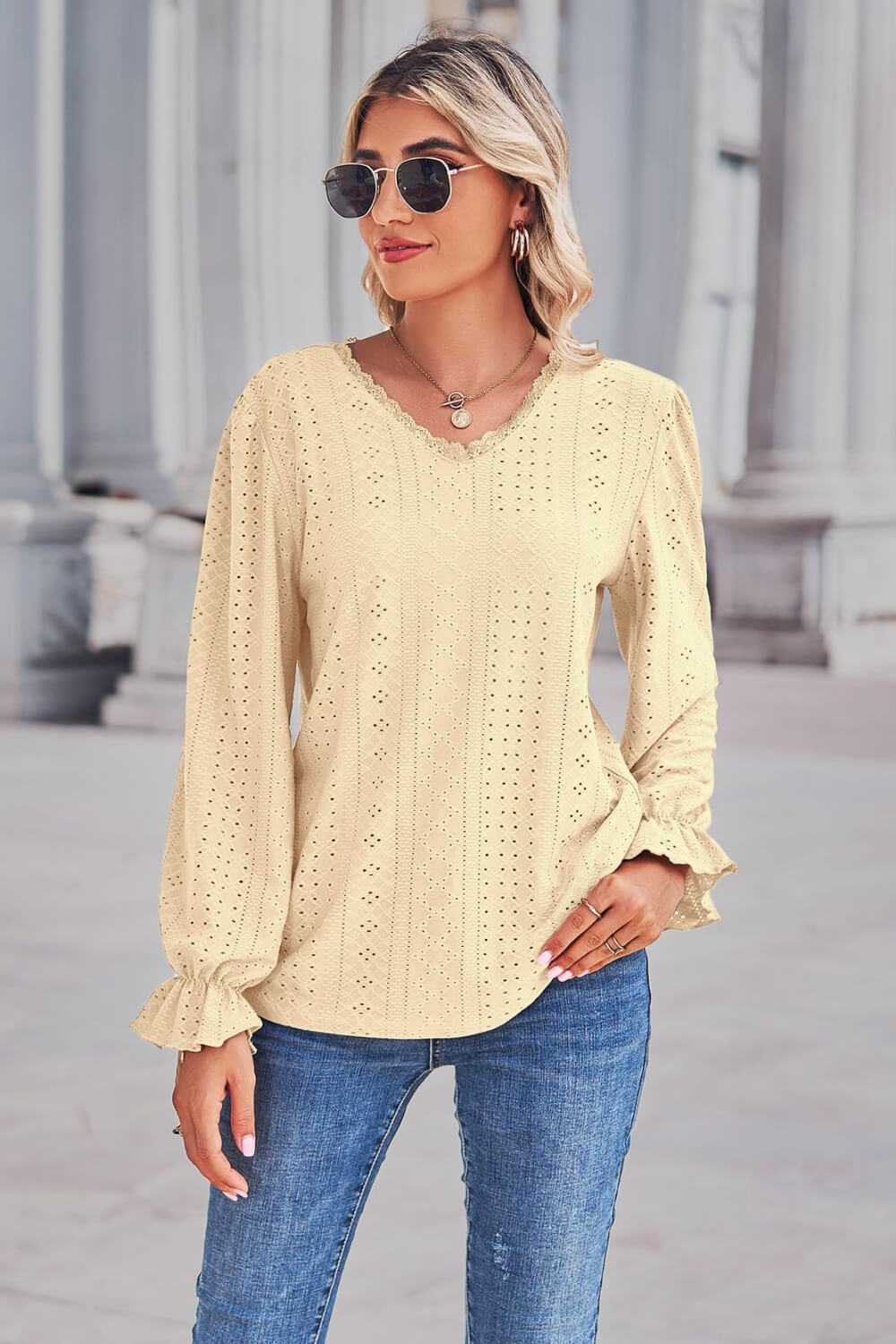 Lace Trim V-Neck Flounce Sleeve Top 