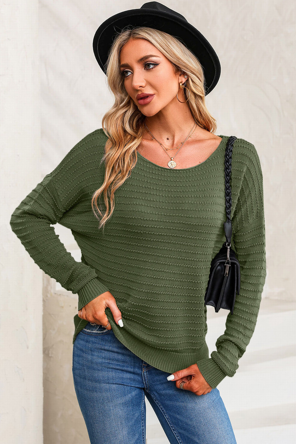 Horizontal Ribbing Round Neck Sweater 