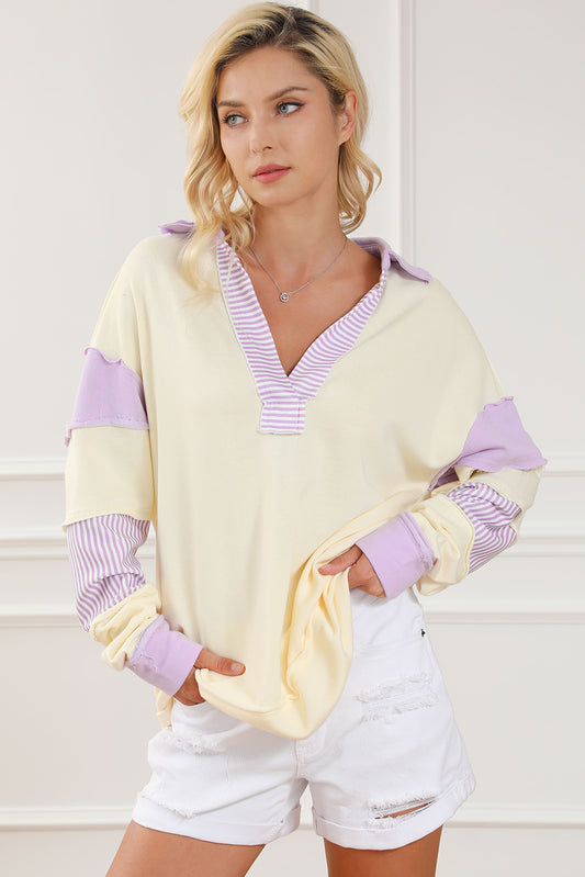 Striped Contrast Johnny Collar Dropped Shoulder Sweatshirt 