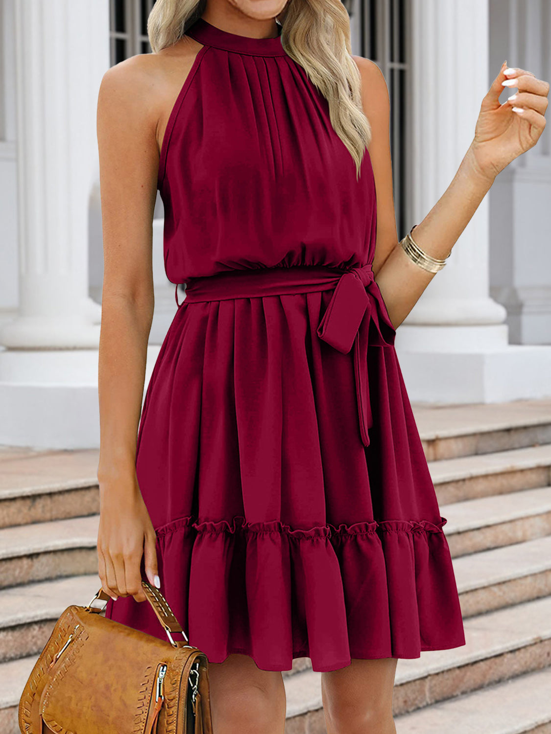 Ruched Grecian Neck Tie Waist Mini Dress - Babbazon prom dress