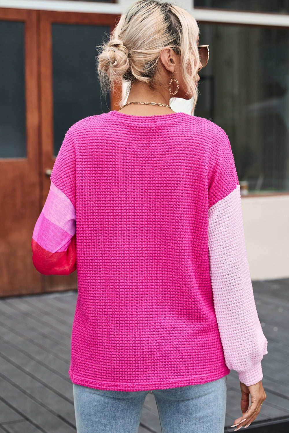 Color Block Waffle-Knit Blouse 