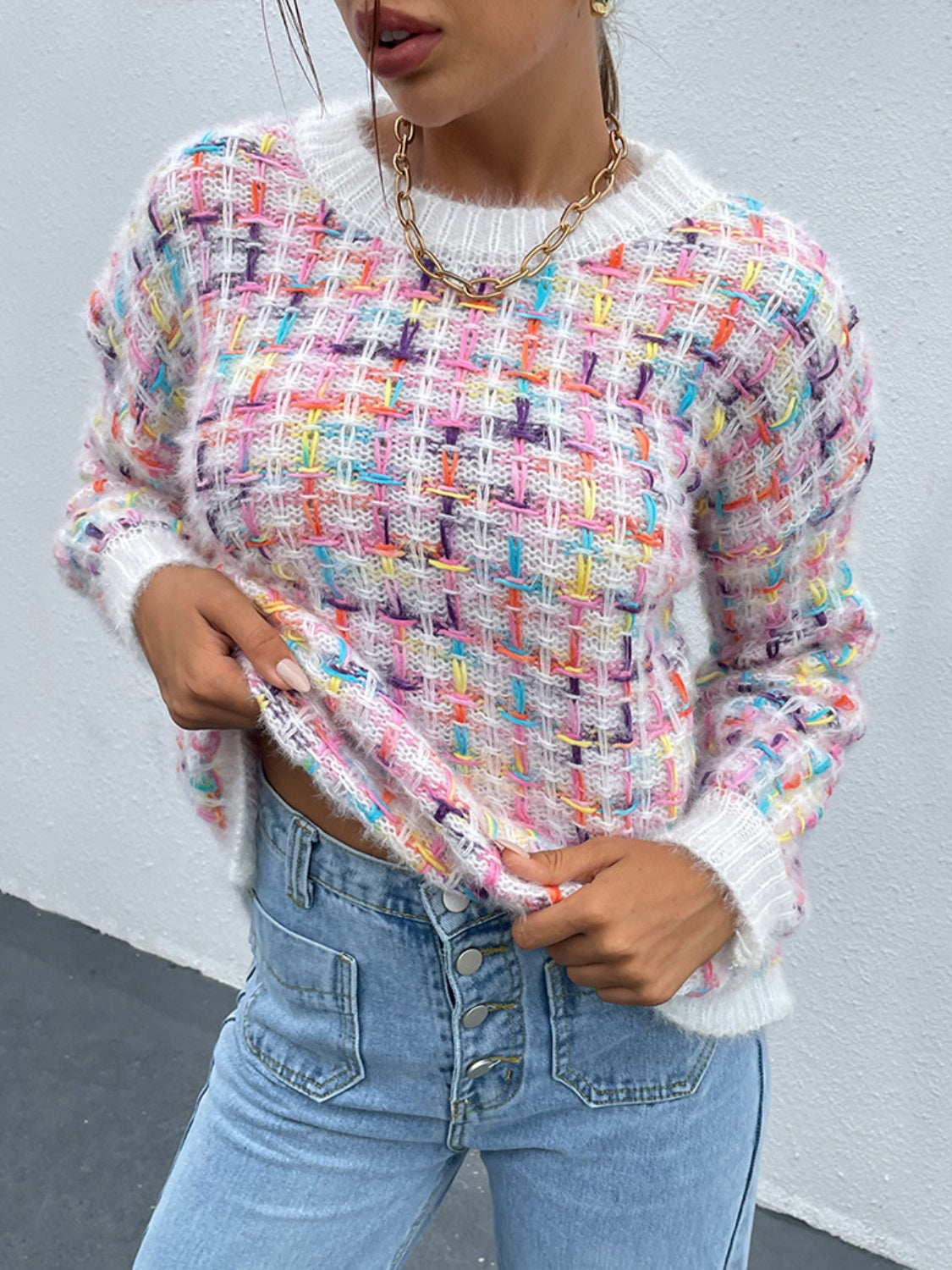 Multicolor Round Neck Dropped Shoulder Sweater 