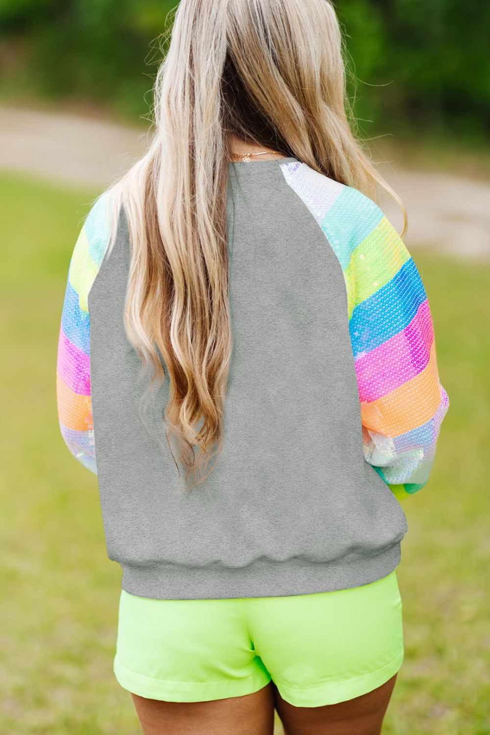 Sequin Round Neck Color Block  Sleeve Sweatshirt