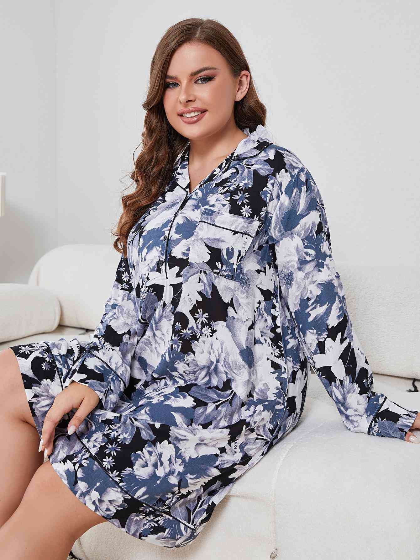 Plus Size Floral Lapel Collar Long Sleeve Night Dress 