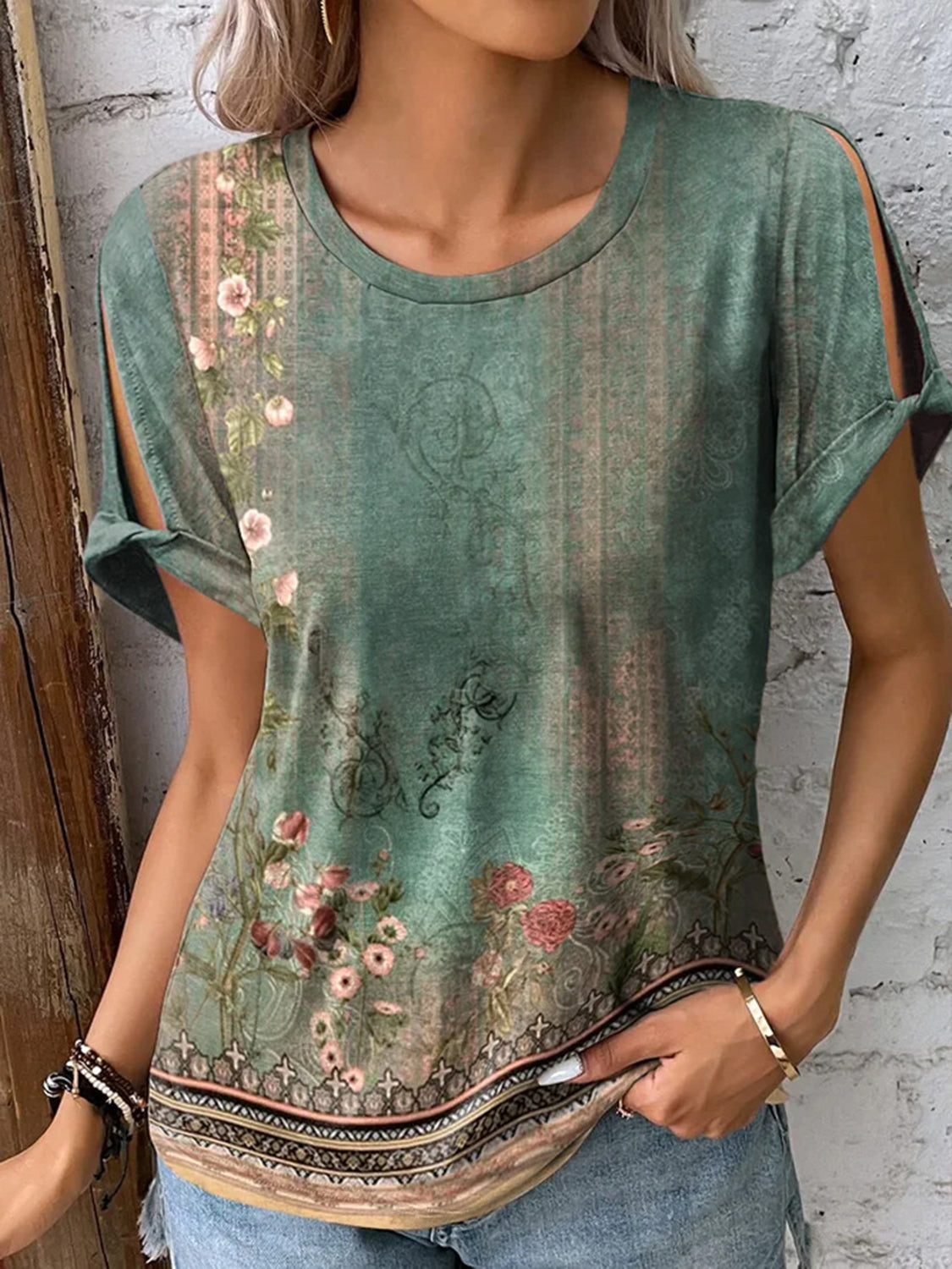 Printed Round Neck Short Sleeve T-Shirt - Babbazon Camisole