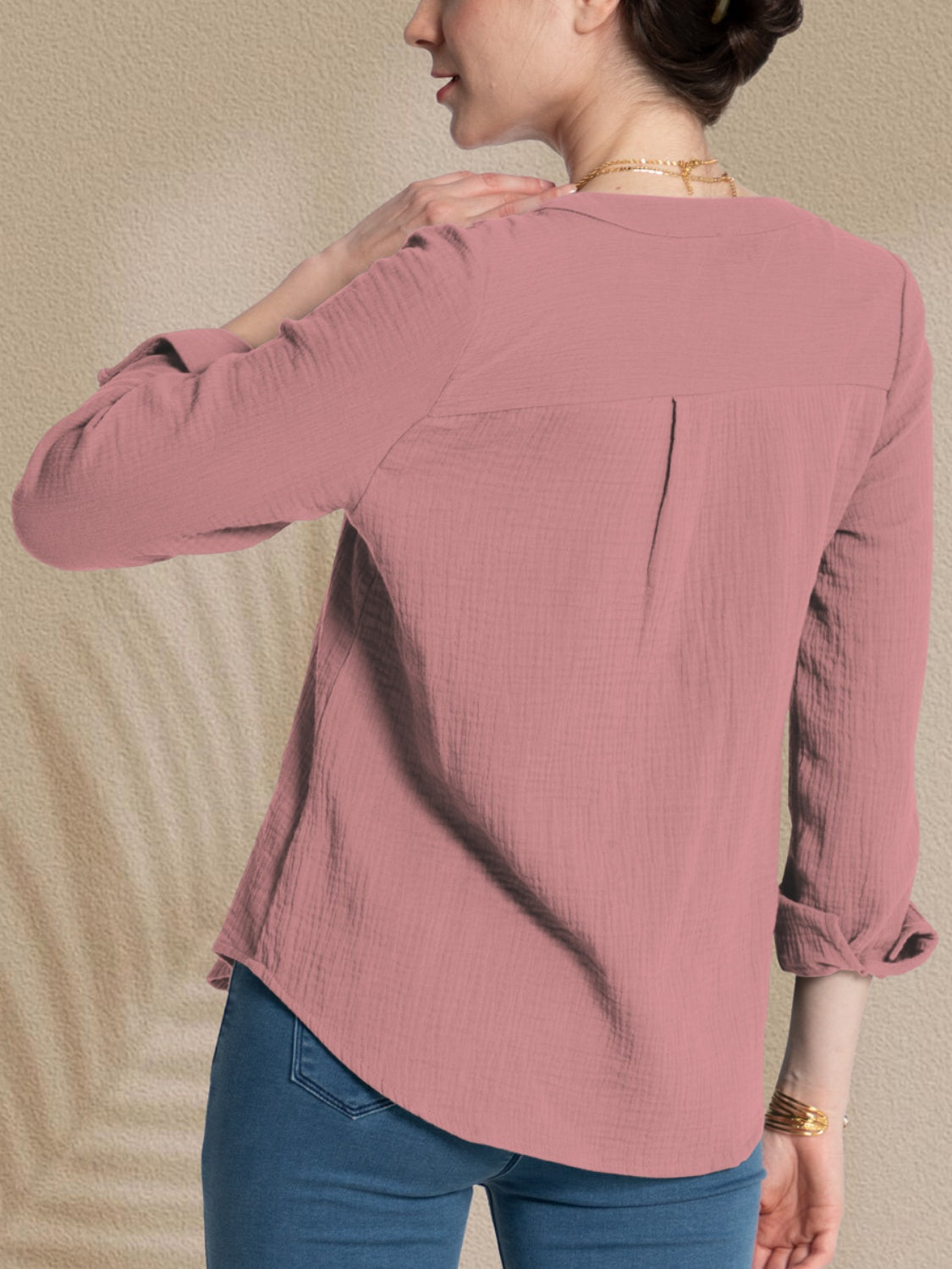 Textured Notched Long Sleeve Blouse 