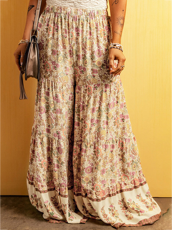 Floral Tiered Wide Leg Pants - Babbazon