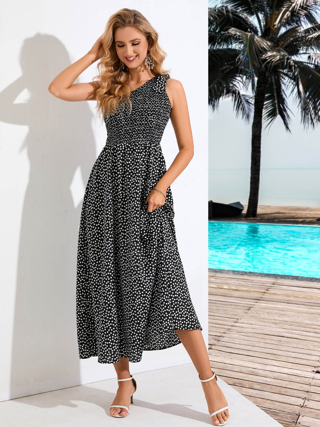 Printed Single Shoulder Midi Dress 