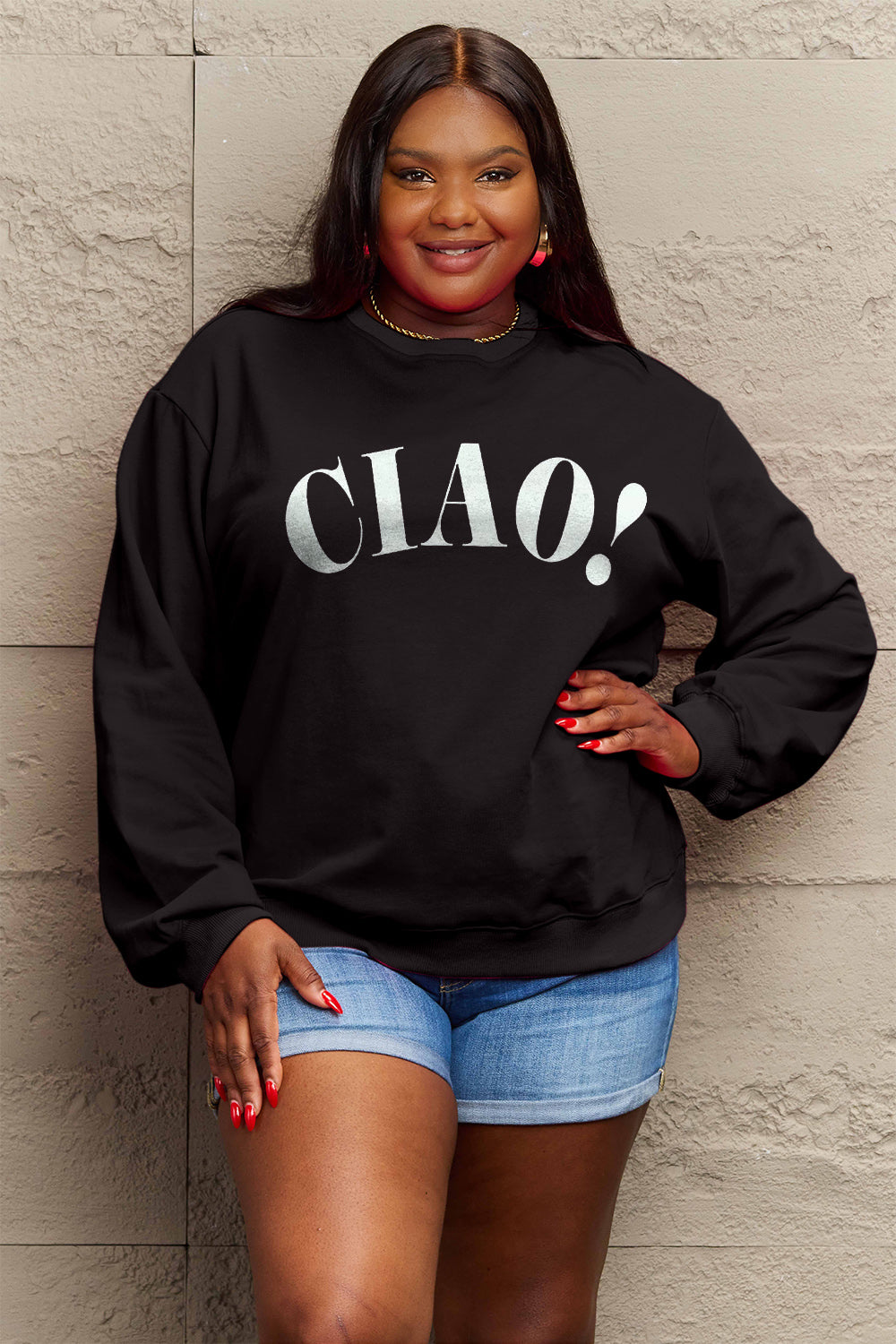 Simply Love Full Size CIAO！Round Neck Sweatshirt 