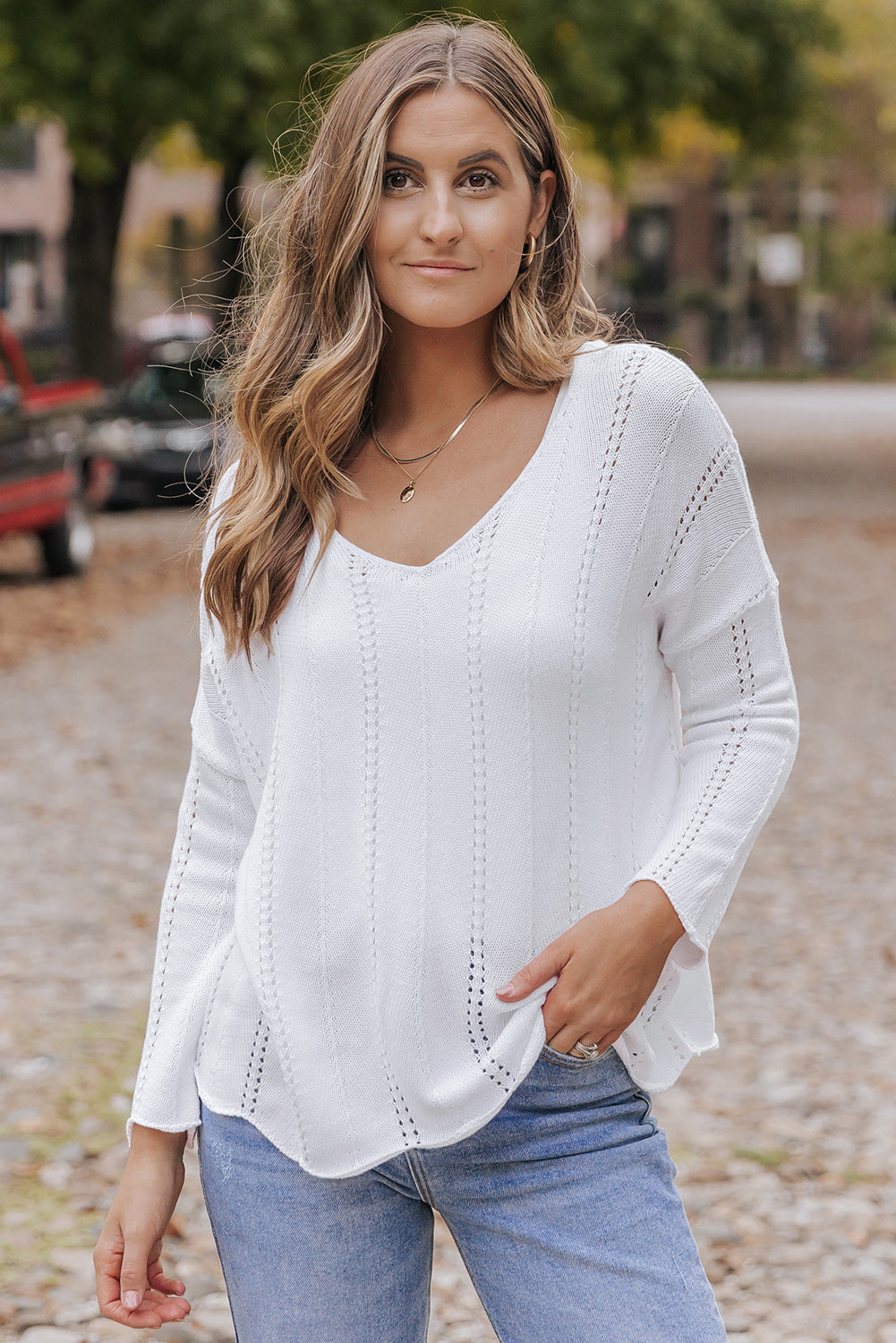 Openwork V-Neck Long Sleeve Knit Top 