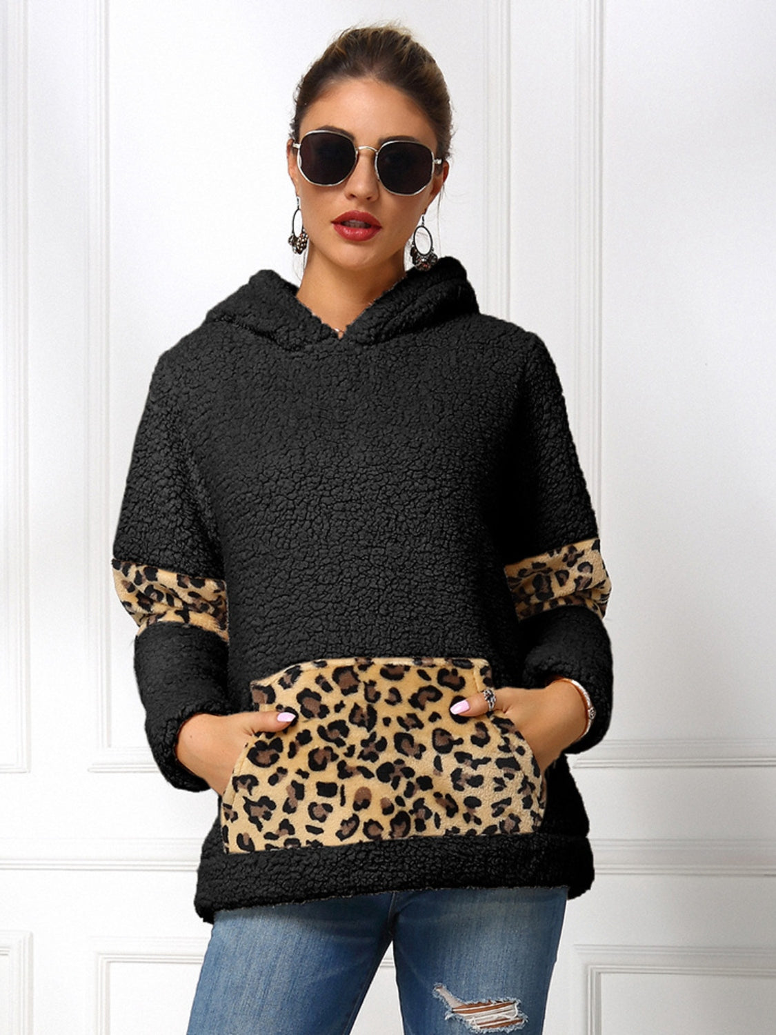 Sherpa Leopard Long Sleeve Hoodie 