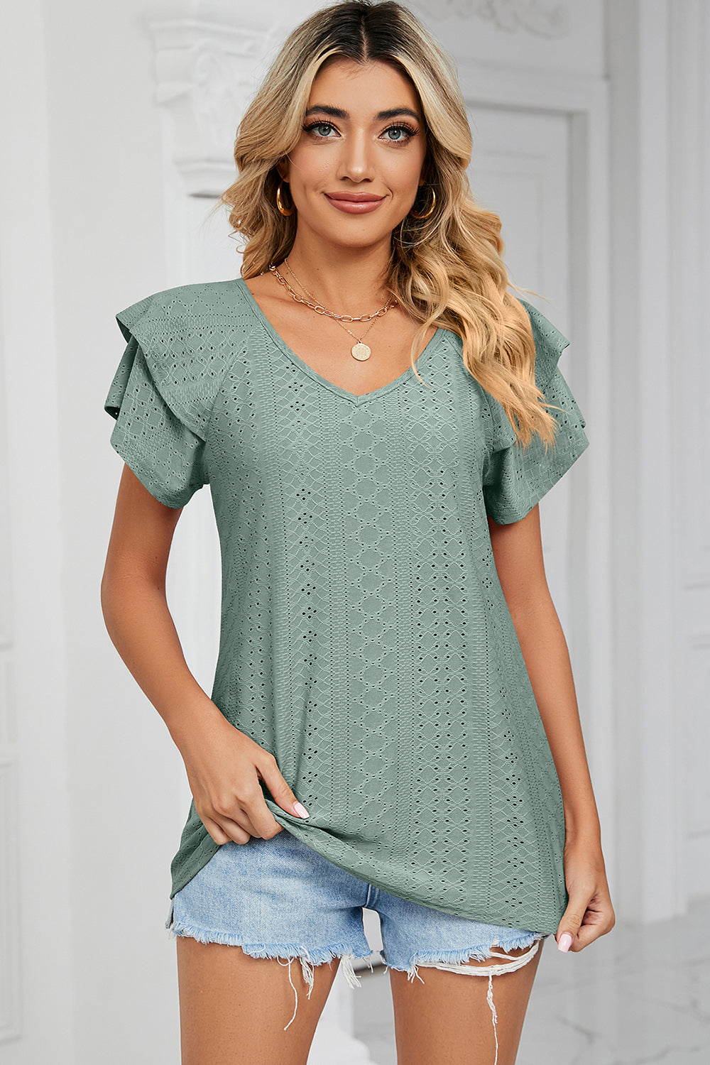 Eyelet V-Neck Short Sleeve T-Shirt