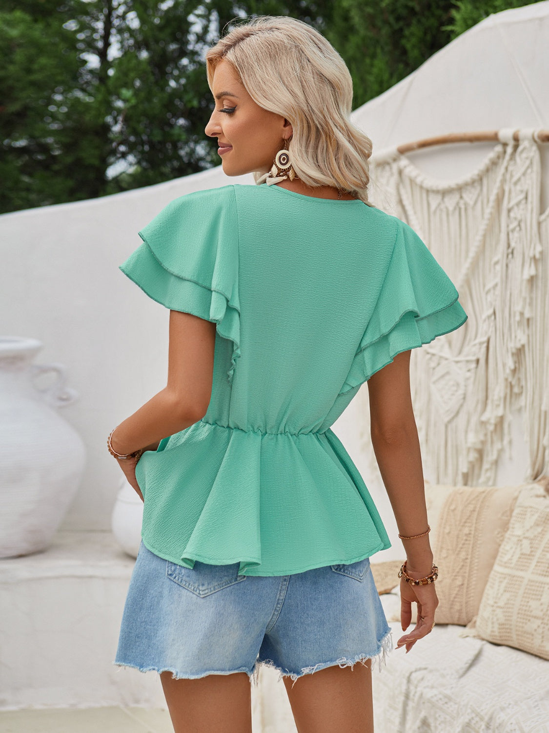 Ruffled V-Neck Peplum Blouse 