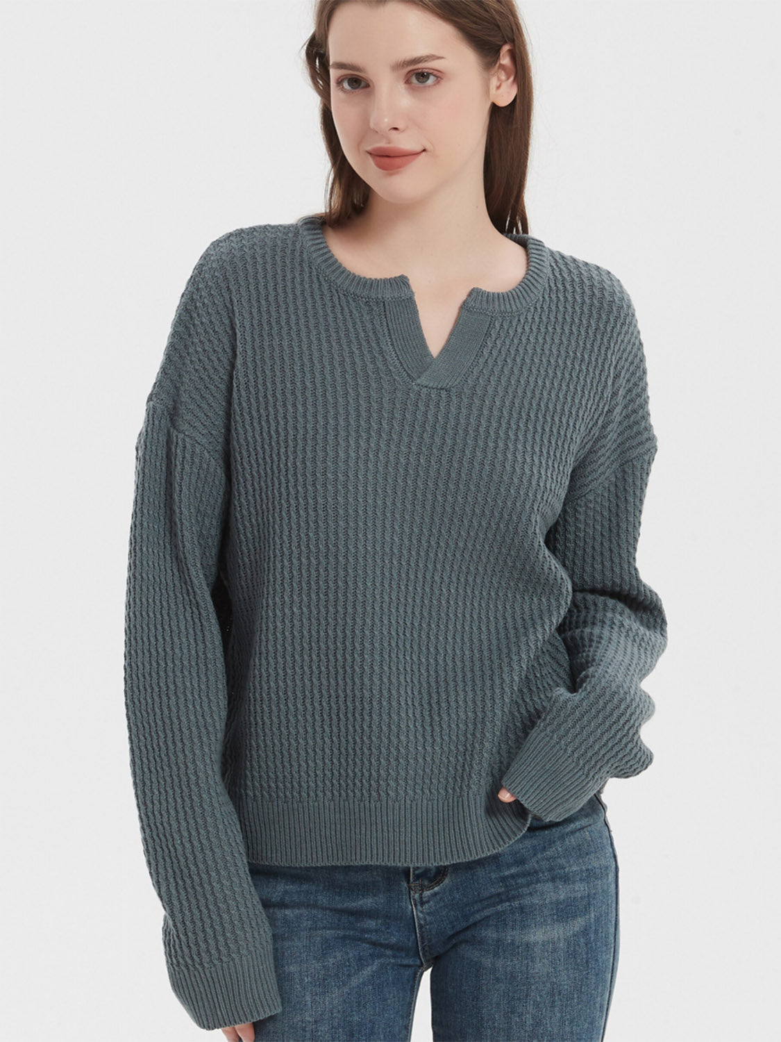 Notched Dropped Shoulder Sweater 