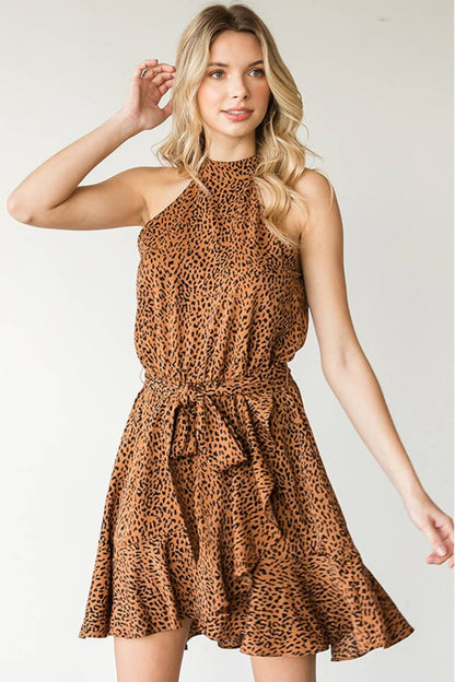 First Love Full Size Leopard Belted Sleeveless Dress 