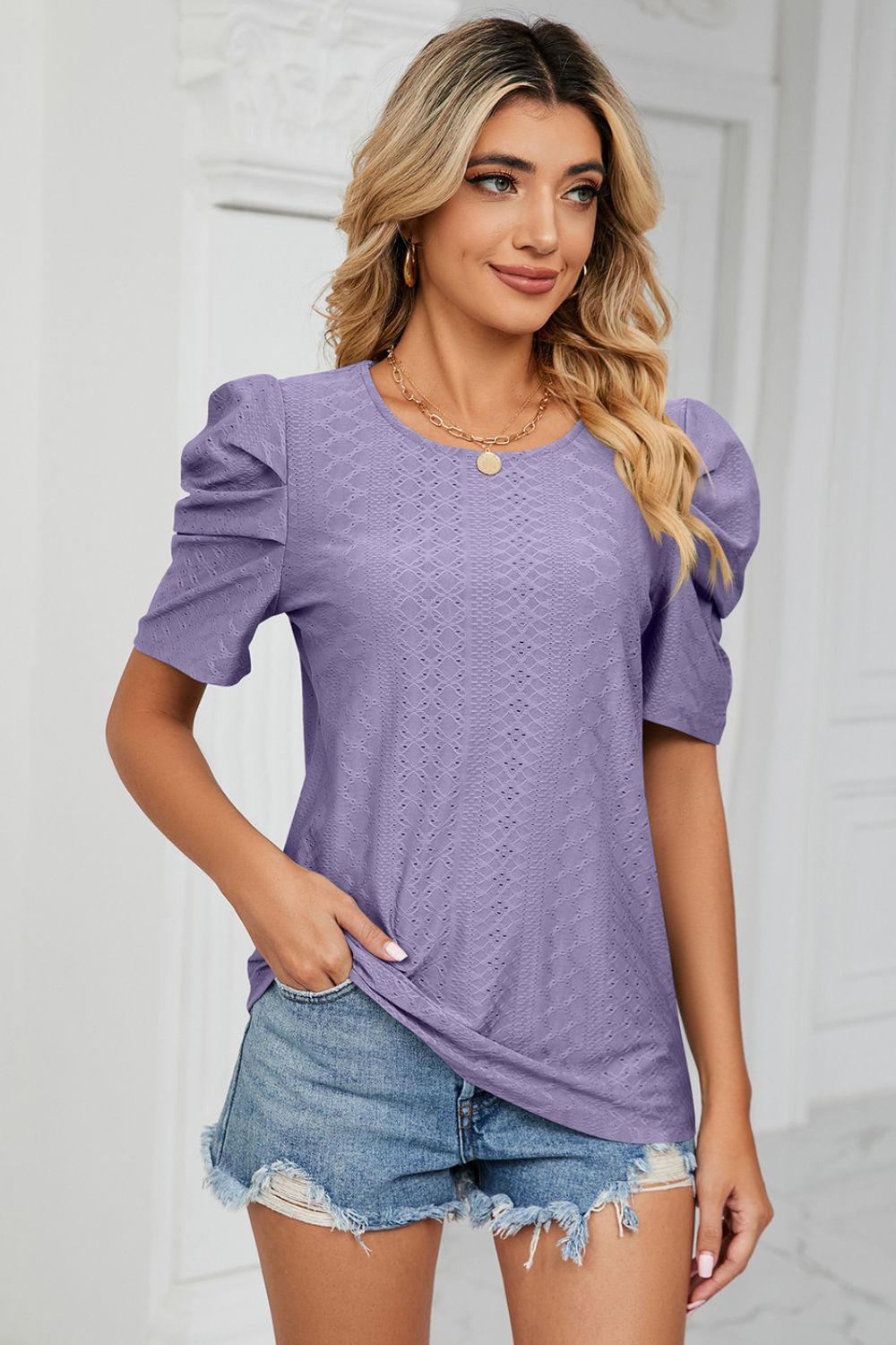 Eyelet Puff Sleeve Round Neck Blouse 