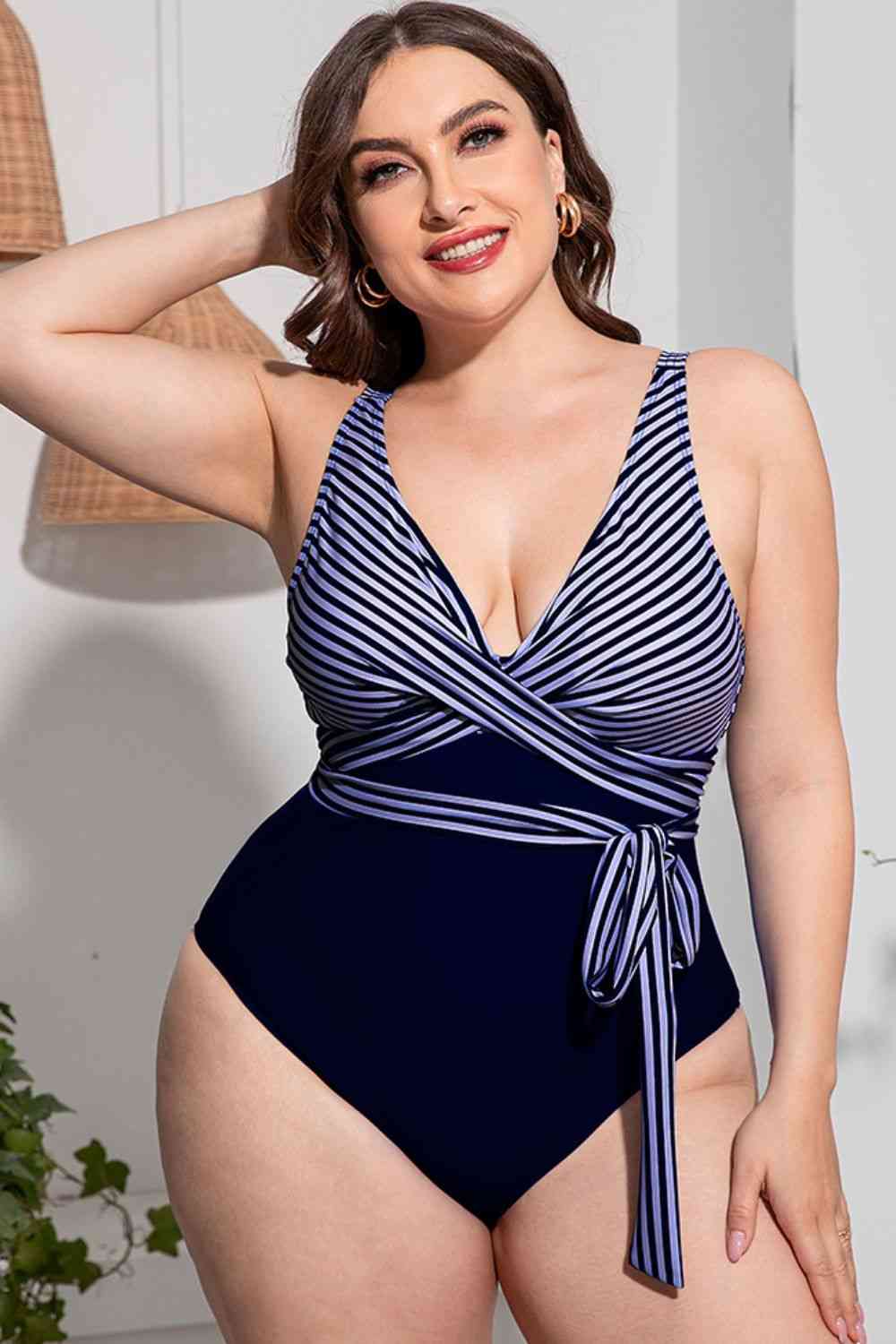 Plus Size Striped Tie-Waist One-Piece Swimsuit - Babbazon Jumper