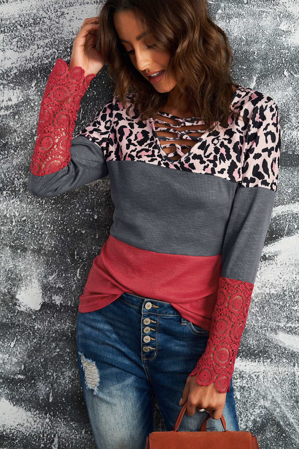 Leopard Print Lace-Up Spliced Lace Top 