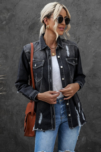 Distressed Button Up Raw Hem Denim Jacket